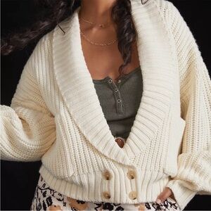 NWOT Anthropologie‎ Deep V Neck Cream Cardigan Sweater Size XL